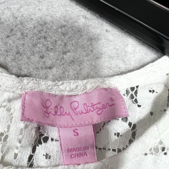Lilly Pulitzer Darla Peplum Top Size Small White Eyelet Floral Lace Crochet Bow - Picture 10 of 14
